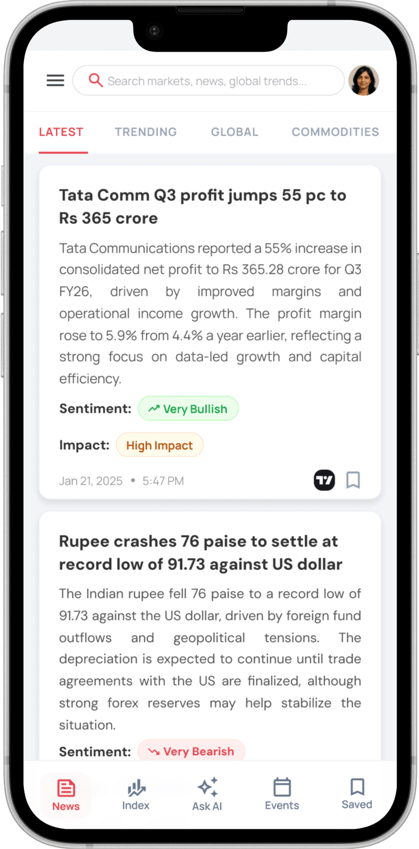 RupeeLetter app showing AI-curated market news